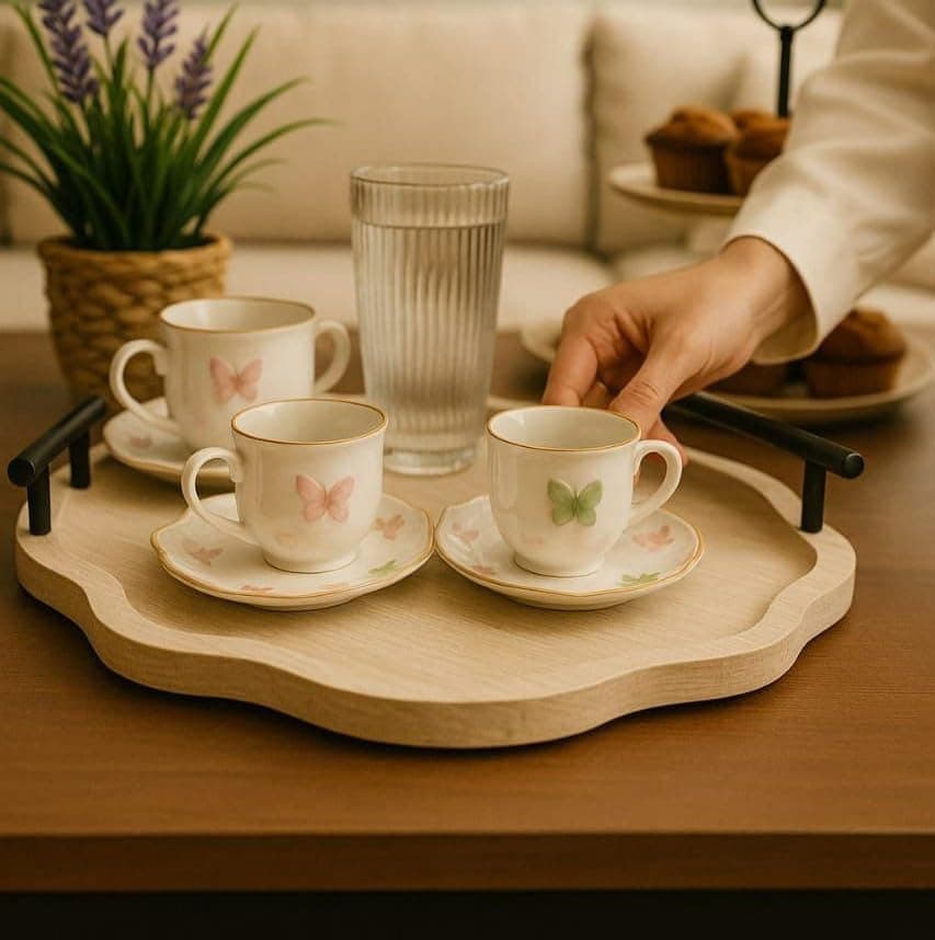 Generic Decorative Wooden Serving Tray with Metal Handles, 38 cm, Water-Resistant PVC Coating .soh