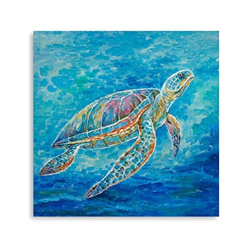 B BLINGBLING Sea Turtle Wall Art Painting in Abstract Teal and Blue Ocean Vivid Color Sealife Picture Print Bathroom Decor Framed Poster Ready to Hang (14"x14"x1 Panel)