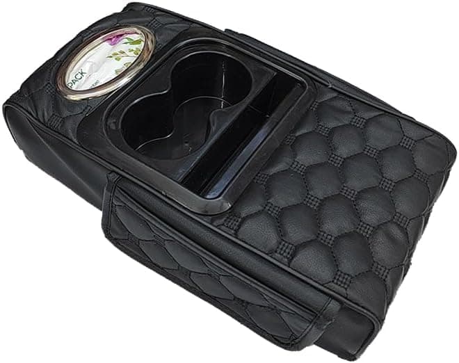 Universal Car Armrest Pad Compact Compact Car Armrest with Cup Holder Phone Slot and Side Pockets (With Tissue Box, Black) -SA CAR Auto part