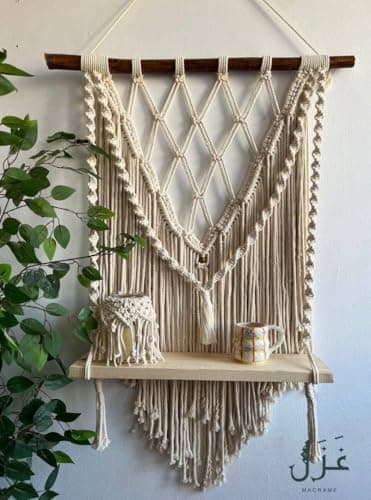 Macrame Wall Hanging, Cotton Handmade Bohemian Decor, 80 x 115 cm, Natural Beige, Diamond Pattern with Wooden Rod