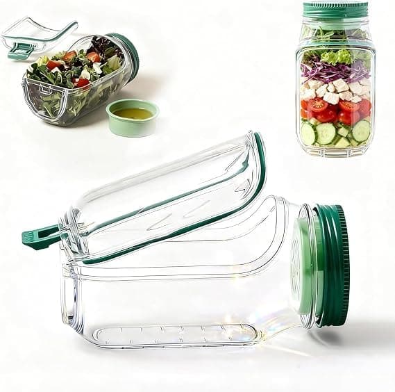 Oval Acrylic Salad Jar with Airtight Lid, Separate Base for Dressing or Yogurt, Suitable for Salads, Fruits, Snacks, Light and Easy to Carry and Clean. Food storage container