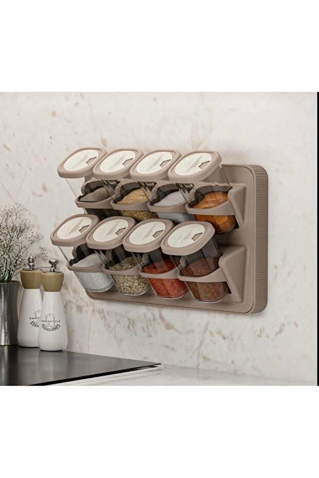 Space-Saving Kitchen Spice Holder with 8 Clear Plastic Jars Top Shaker Lids Multi-Color Stand for Easy Spice Organization and Quick Access Storage rack