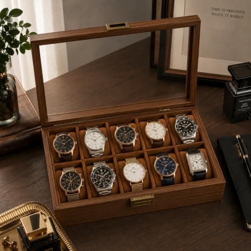 Elegant Wooden Watch Box Organizer, Acrylic Lid, 10 Slots Luxury Storage Case, Premium Display Holder for Watches, Jewelry, Accessories, Cufflinks, Rings, Desk, Dresser, Home, Gift, Travel, Collection