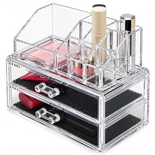 Multi-Compartment Acrylic Makeup Organizer with 2 Drawers – Cosmetic Organizer with Different Sizes for Arrangement of Makeup and Tools on Dresser AM