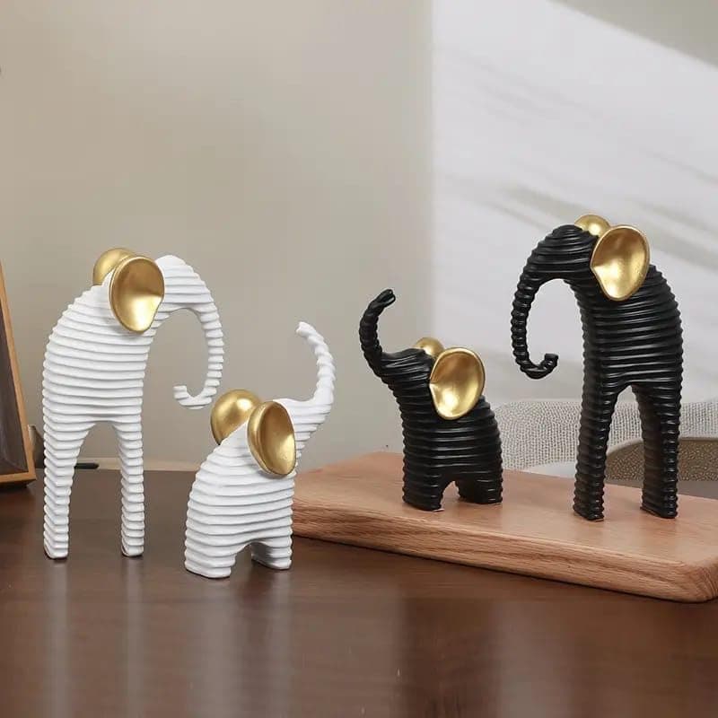 Generic Modern Abstract Elephant Figurine Set, Black Ribbed Sculpture with Gold Accents, Contemporary Home Decor, 2-Piece (White)