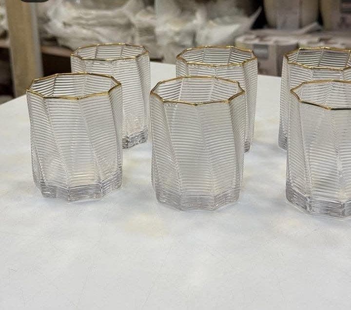 Generic Glass cup set with a gold rim,Ribbed glass,Set of 6 cups,Perfect for serving juices, cold drinks, and for daily occasions and hospitality,Imported, .bs Drinking cup