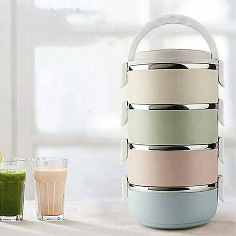 Multi-Layer 4-Tier Food Storage Column With Plastic Exterior And Stainless Interior For Travel And Daily Organization