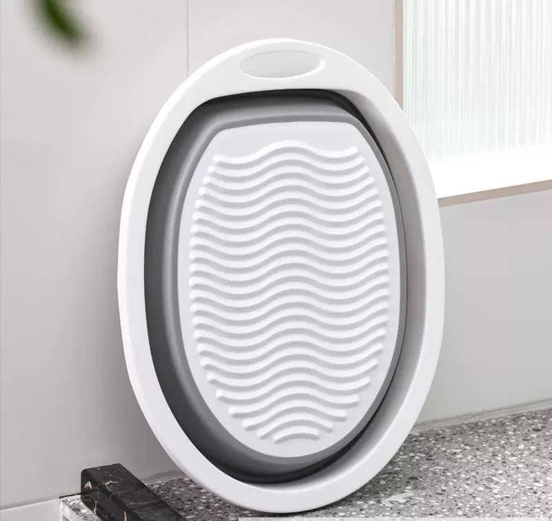 Generic Collapsible Silicone Washing Basin, Oval Shape, White and Grey, Foldable Space-Saving Design for Laundry and Storage, .rom