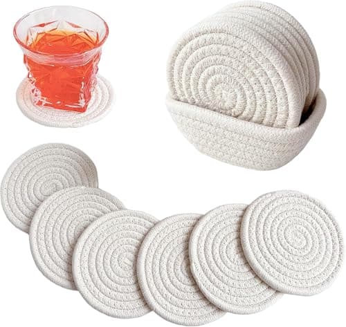 Handmade Natural Jute Coasters Set of 5 Includes 4 Coasters with Round Holder to Protect Surfaces from Heat and Scratch and Organize Tables Natural Wood Brown Drink coaster