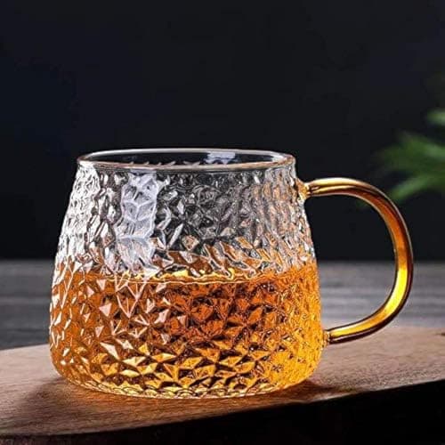 PrimeWorld Glass Coffee Mug with Golden Handle, 1 Pc Microwave Safe Borosilicate Glass Cup, Milk, Chocolate & Beverage, Mocha, Cappuccino, Tea and Water, Clear Drinking Cups