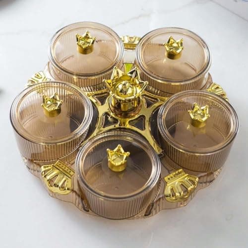 4-Compartment Glass and Gold Metal Snack Serving Set for Elegant Hospitality Tray