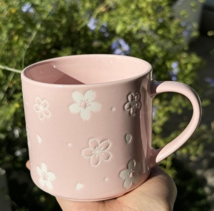 Generic Pink Ceramic Mug with Embossed Cherry Blossom Floral Design, Porcelain Coffee cup, .em Drinking cup