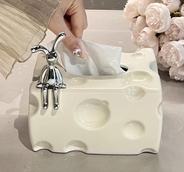Generic Cheese Block Tissue Box Holder with Silver Mouse Figurine, Novelty Design, Includes 550 Tissues, .za Facial tissue holder