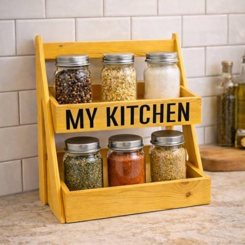 Generic Wooden 2-Tier Spice Rack, Kitchen Organiser Stand for Jars, Natural Wood, 41x36x26cm, Multi-Purpose Counter Storage, .bs