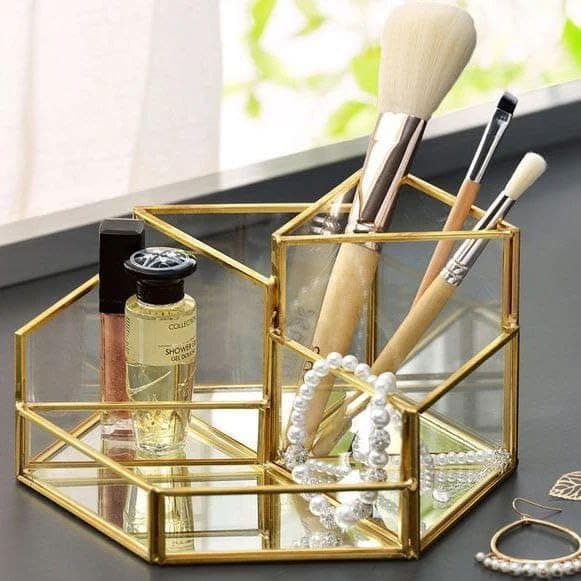 Generic Glass & Gold Metal Brush and Accessory Organiser, .hd Caddy
