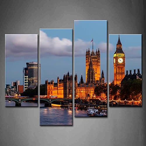 4 Panel Wall Art Big Ben And Westminster Bridge Evening London United Kingdom Boat Light Painting Pictures Print On Canvas Architecture The Picture For Home Decor Piece Wooden Frame Ready To Hang