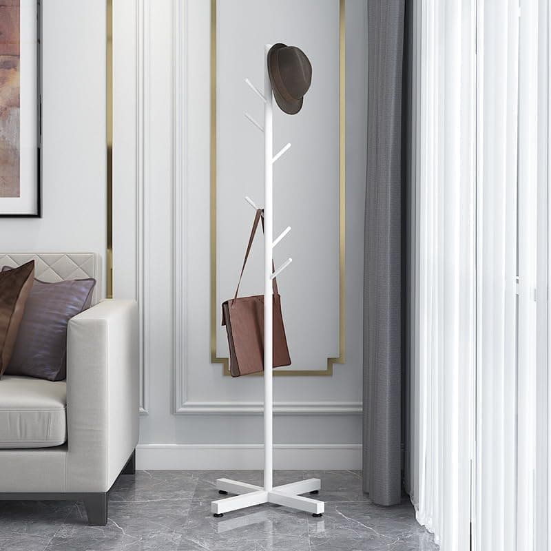 Stellar Stores Metal Freestanding Coat Rack with Meta Base Modern Stand Coat & Hat Hanger Stand Pole Entryway Organizer, Multifunction Rack for Coats Hats Bags Scarves Shirts (White)