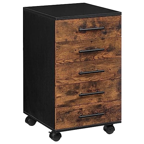HOOBRO 5-Drawer Chest, File Cabinet, Office Cabinet, Filing Cabinet with Drawers, Wooden Cabinet with Wheels, Storage Cabinet for Makeup, for Home Office, Study, Easy Assembly, Rustic Brown BF05WJ01