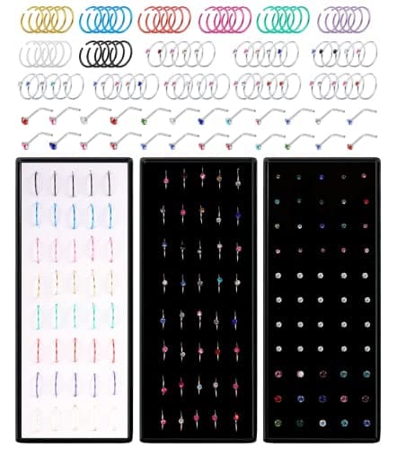 BodyBonita 140-160PCS 22G Surgical Steel Nose Ring Stud Bone/L Shape Nose Stud Hoop Nose Ring Piercing Pin Nose Piercing Jewelry 1.5/2/2.5mm CZ, Metal, agate