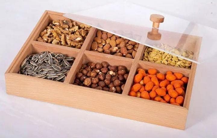 Generic Wooden Nut and Snack Tray with Clear Lid, 6 Compartments, .ex