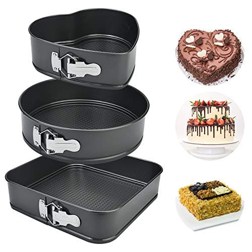UTRUGAN 3 Pcs Spring Form Cake Tins Non-stick Cheesecake Pan Springform Oven Pan Cake Baking Mold Leakproof Cake Pan Set Heart/Round/Square Cake Tray with Removable Bottom for Dessert Chocolate Making