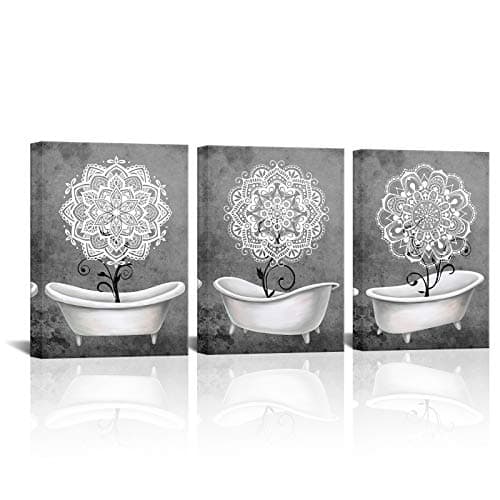 KLVOS Black and White Mandala Flower Wall Art Abstract Boho Flower in Bathtub Canvas Prints Artwork for Bathroom Shower Room Wall Decor Stretched Ready Hanging 12x16InchX3PCS Bohemian Painting