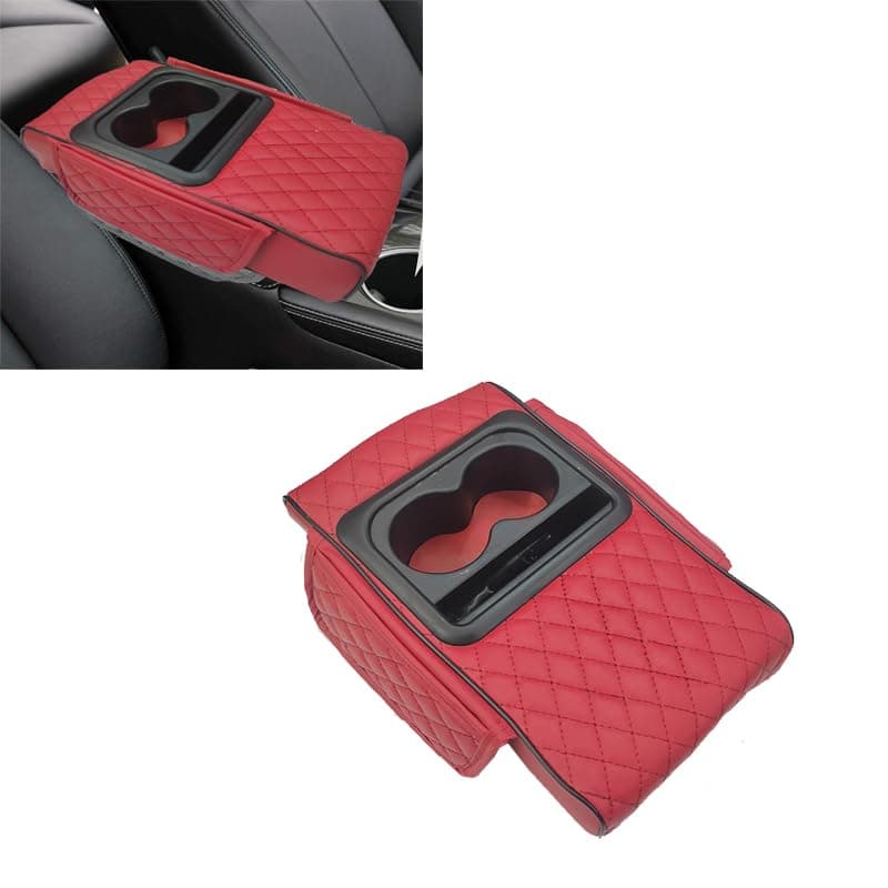 KaberMisr 2020 Multifunctional Car Center Console Cover with Comfortable Cushion, Cup Holder and Side Pockets Armrest Support (Red Code:9649)