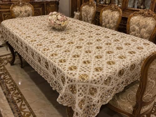 Generic Macrame Tablecloth with Gold Sequin Detail, Lace Style, 140 x 220 cm, .reh