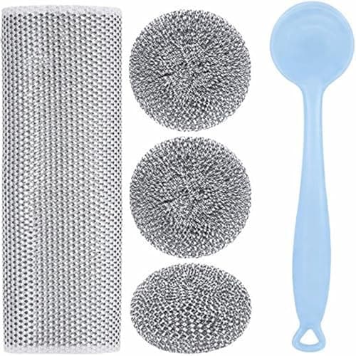 Dish Scrubber With Long Handle Stainless Steel Scrub Sponge Steel Wire Brush Set 8 Pcs Durable Dishwashing And Pot Cleaning Tool Comfortable Grip (Blue) Utility sponge