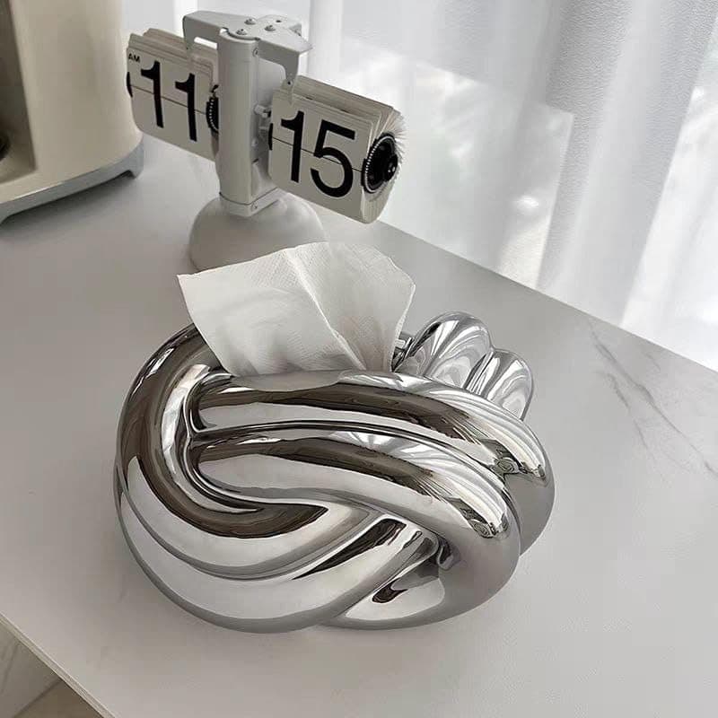 Generic Silver Porcelain Tissue Box, Decorative Knot Design, Glossy Finish, Modern Style, .soh Facial tissue holder