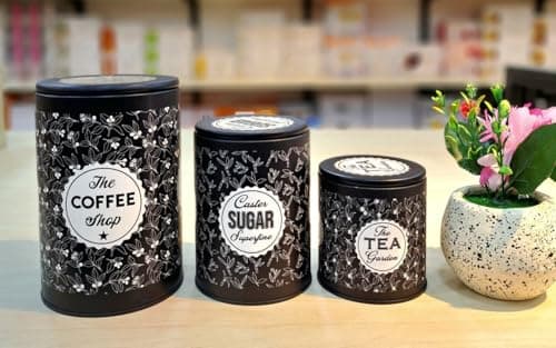 Generic 3-Piece Round Metal Kitchen Storage Container Set with Airtight Lids for Coffee, Tea, Sugar, Black, 1kg, 0.5kg, 0.25kg .mk Food storage container