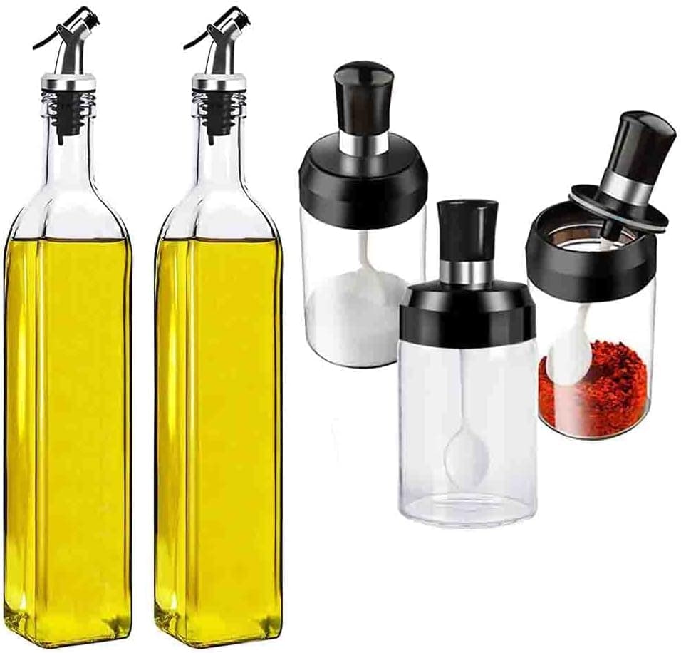 Kitchen Glass Set 7 Pieces Spice Jars with Spoons Oil Bottles Plastic Funnel Practical Easy to Clean for Organized and Stylish Storage | From Generic Food storage container