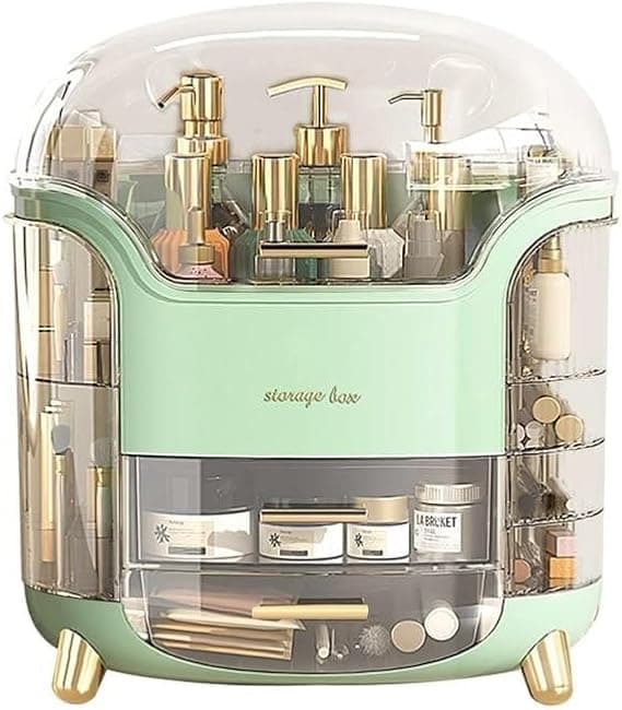 Large Makeup Organizer with Clear Lift Lid, ABS and Acrylic, Pull Out Drawers, Panoramic Design, White and Green with Gold Details Cosmetic case