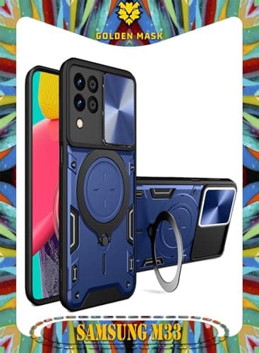 GOLDEN MASK For Samsung Galaxy M33 Armored Camera Shield Cover Camera Lend Protection, Built-in 360° (Blue) Cellular phone case