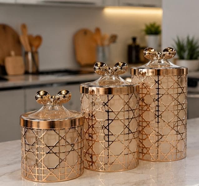 Generic Kitchen Canister Set, Gold, Plastic, 3 Different Sizes, for Tea, Sugar, Coffee, Legumes and Candy, 3 Piece, .P