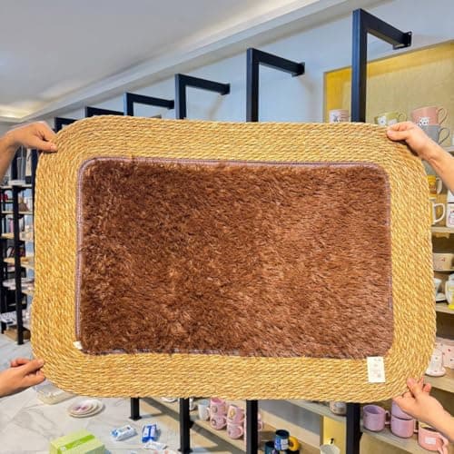 Generic Natural Wicker Rectangular Placemat with Faux Fur Center, Brown and Beige Table Mat, .bar