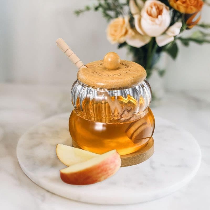 Generic Glass Honey Jar with Bamboo Lid, Wooden Dipper and Coaster, Striped, 330ml, 11.5cm, .db