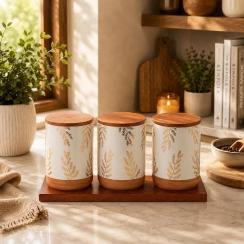 Generic Canister Set of 3 with Wooden Lids and Tray, 750ml, .Ais Food storage container