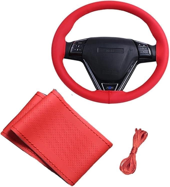 Steering Wheel Cover, Universal Microfiber Leather Car Steering Wheel Cover, Universal DIY Sewing Design, Car Interior Accessory-(Red)