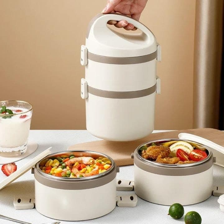 Generic 2-Tier Thermal Food Container Tower featuring compartment dividers and a tight-sealing gasket,Interior made of stamped 304-grade stainless steel (premium quality),Imported, .mk Food storage container
