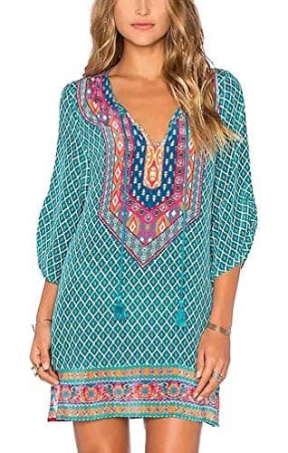 Women Bohemian Neck Tie Vintage Printed Ethnic Style Summer Shift Dress