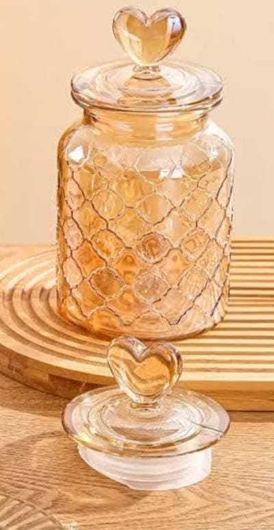 Generic Glass Candy Jar with Heart Lid, Gold, Honeycomb Textured, for Sugar, Chocolate, Dates, Biscuits or Nuts,.bar Food storage container