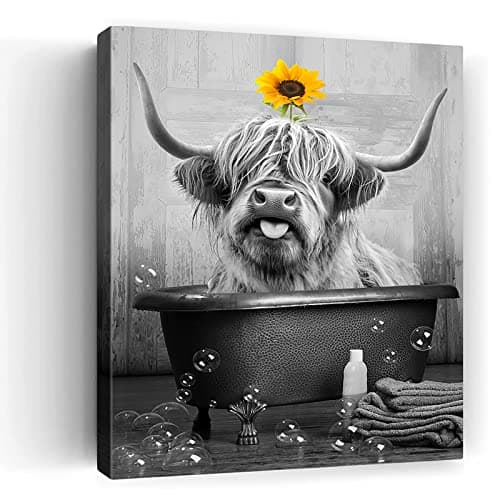 Cute Cow And Sunflower Bathroom Canvas Wall Art Black And White Picture Funny Animal Bathtub Painting Farmhouse Artworks Home Decor For Bathroom Living Room Bedroom Framed Ready To Hang 12x16 Inch