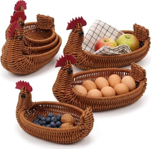 "Country Chicken" Shape Storage and Serving Basket Set (3 Pieces) in Different Sizes - Handmade Woven Straw Bread Basket and Fruit Holder - Traditional Rustic Decorative Dish Chicken with Red Crown.