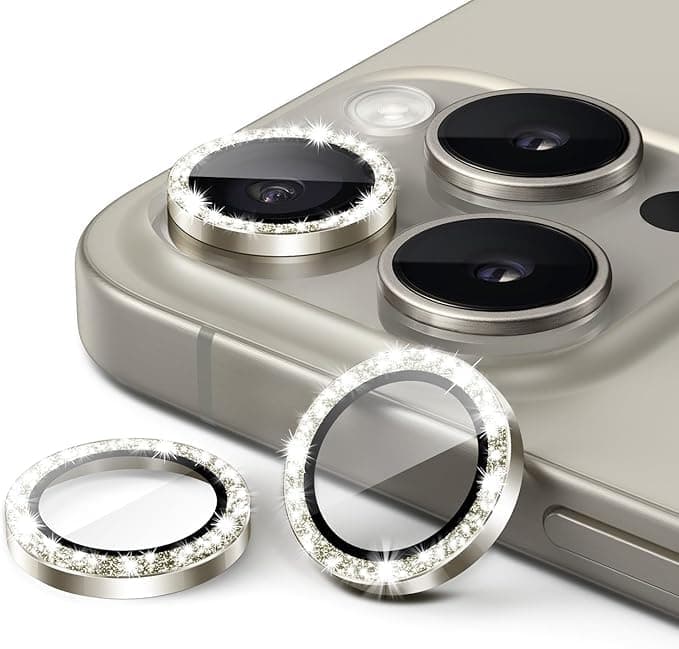 Diamond Camera Lens Protector for iPhone 16 Pro Max / 16 Pro, 9H Tempered Glass Metal Individual Ring Cover, HD Clear, Natural titanium Color Screen protector