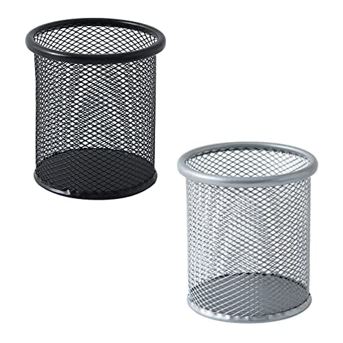 MMSSY Set of 2 Mesh Pen Holders Desk Metal Mesh Round Pen Holder Desk Organizer for Office Wire Metal Black and Silver Caddy