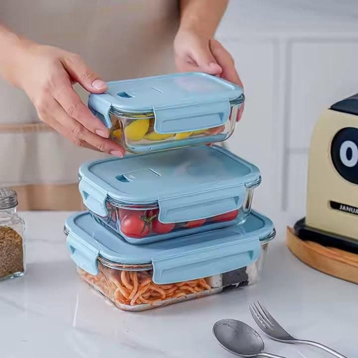 Generic Glass Food Storage Container Set with Plastic Lid, 3 Pieces, 410ml, 680ml and 1040ml, .flo