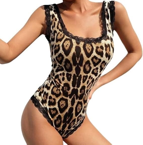 سالوبيت نسائي قطعة واحدة بتصميم جلد الفهد – كباسين ودانتيل خلفي مع ياقة مربعة بدون أكمام | ليكرا كوري Nightgown nightshirt