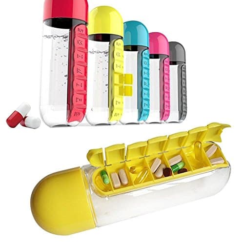 Magnusdeal 2 in 1 Weekly Medicine Vitamins 600ML Candy Color Pill Water Bottle Seven Daily Pill Box Organizer Portable Kit Combine Plastic Water Bottle (Red Color) Personal pill dispenser