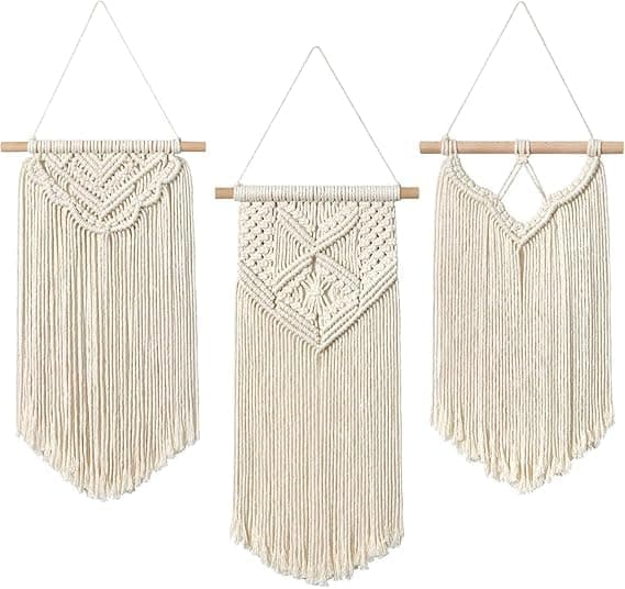 Macrame Wall Hanging Set of 3, Boho Woven Decor, Cotton Rope with Wooden Dowel, Fringe Tapestry